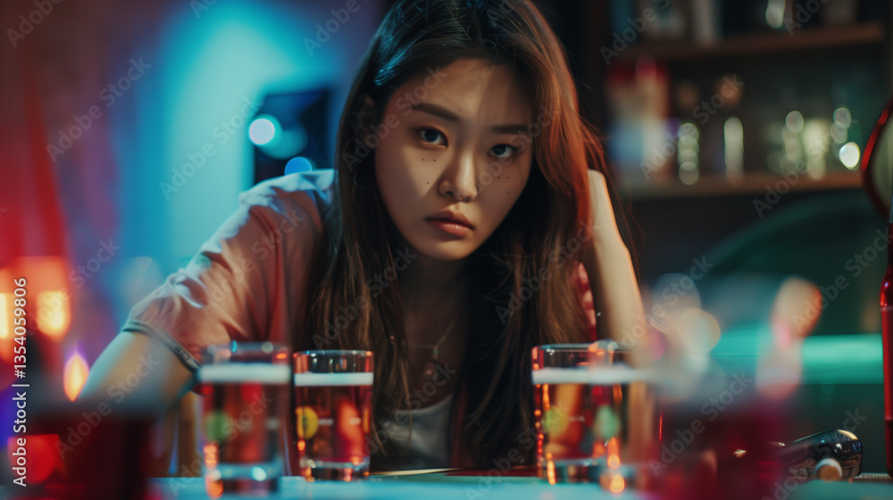 Young woman, sad and alone, staring at her drinks.