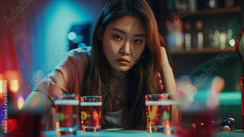 Obraz na płótnie Young woman, sad and alone, staring at her drinks. w salonie