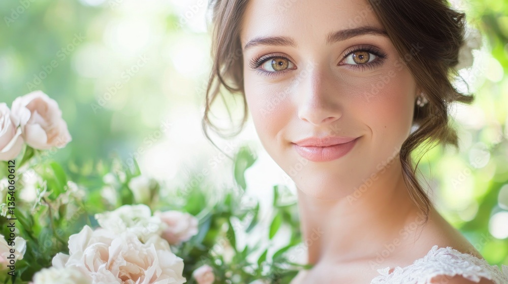 Beautiful bride outdoors, holding bouquet, floral background, portrait Beautiful bride outdoors, holding bouquet, floral background, portrait