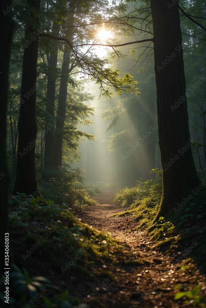 Fototapeta premium Soft sunlight bathing a forest clearing, with contrasting shadows and bright highlights