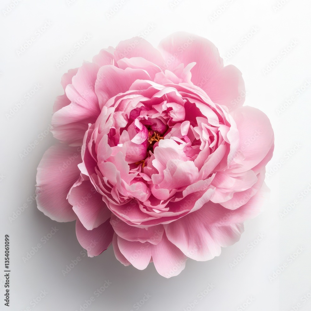 A soft pink peony in full bloom, showcasing its layered petals, photographed from above on a white background A soft pink peony in full bloom, showcasing its layered petals, photographed from above on a white background