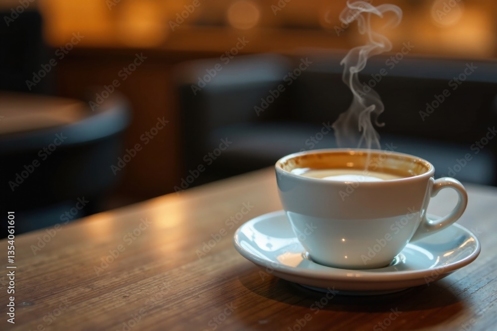 Fototapeta premium Espresso in small white cup on wooden table, steam rising from surface, wood, coffee cup, liquid