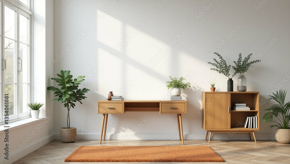 Fototapeta premium A calming minimalist interior design scene featuring a light-filled room and modern furniture