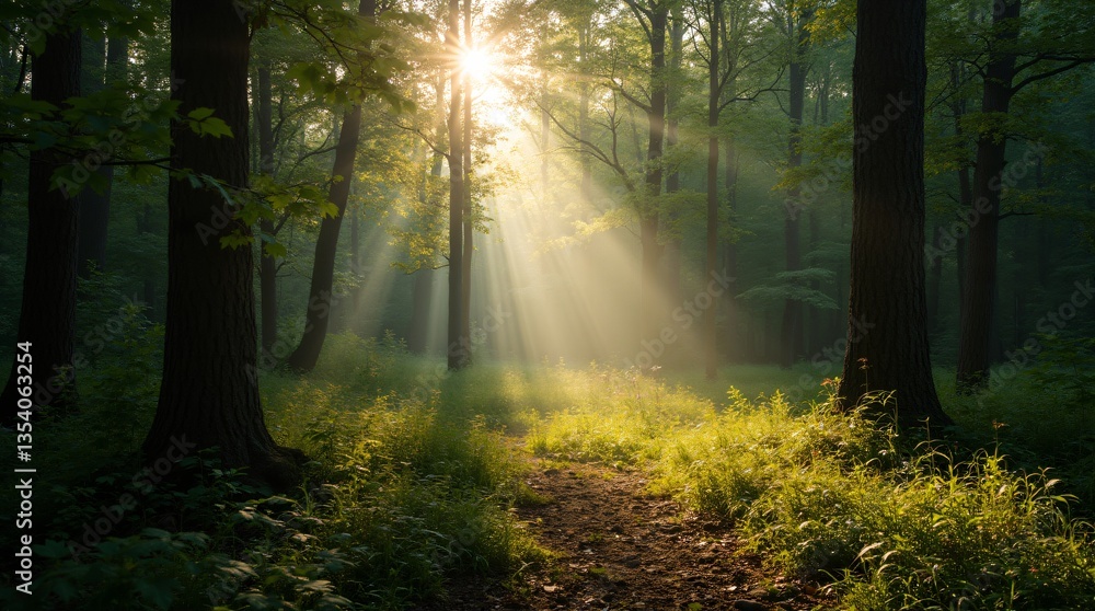 Naklejka premium Soft sunlight bathing a forest clearing, with contrasting shadows and bright highlights
