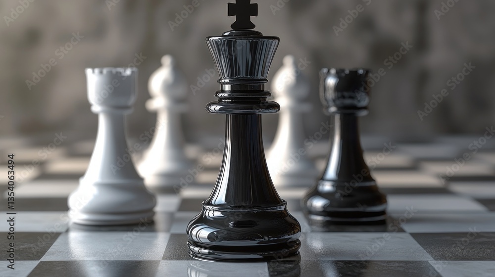 Black King in Focus on Chessboard, Strategic Game, Grungy Wall Background, Close-up Black King in Focus on Chessboard, Strategic Game, Grungy Wall Background, Close-up