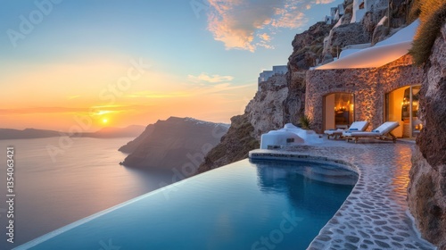 A stunning cliffside villa with an open-air infinity pool, overlooking mountains bathed in vibrant sunrise colors.