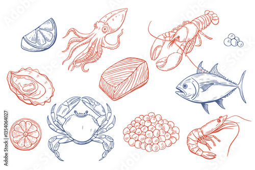 seafood clipart set with crab, tuna, shrimp and lemon in sketch style