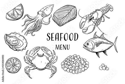 seafood line art set black  fish, crab, shrimp, squid, caviar illustration