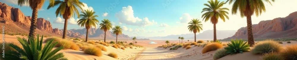 Lush palm trees surround a tranquil desert spring , hot, water Lush palm trees surround a tranquil desert spring , hot, water