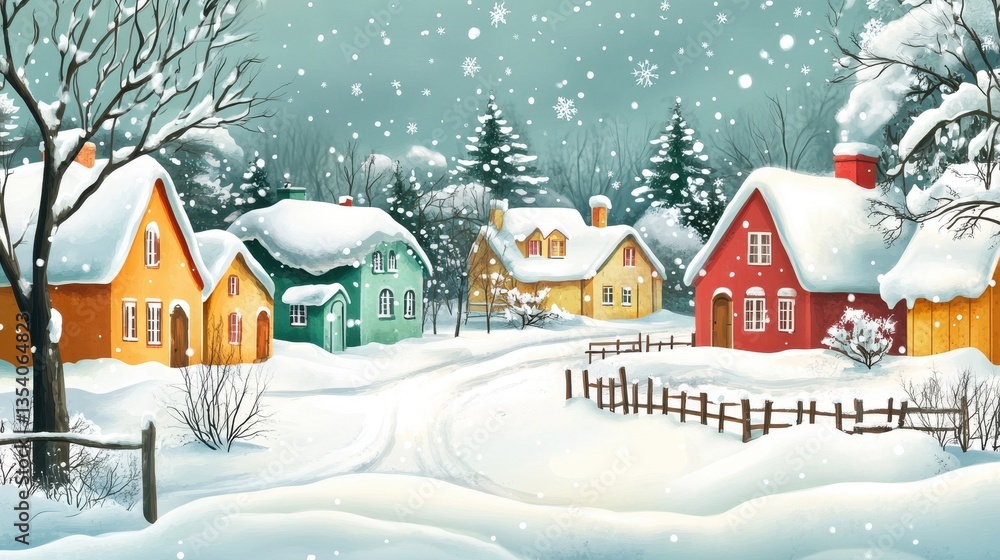 Fototapeta premium Charming Snow Covered Village Winter Wonderland Festive Holiday Season