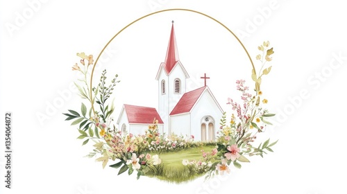 **Watercolor Church Logo with Flowers - Isolated on White Background**