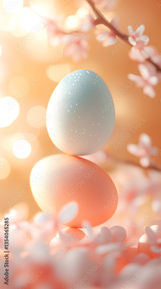 Stacked pastel Easter eggs with soft floral background and glowing light bokeh. Concept of spring celebration, Easter, and seasonal decoration. Stacked pastel Easter eggs with soft floral background and glowing light bokeh. Concept of spring celebration, Easter, and seasonal decoration.