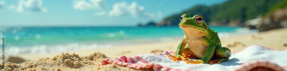 Frog sitting on a beach towel, sun, animal Frog sitting on a beach towel, sun, animal