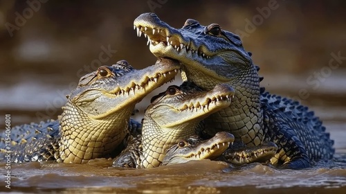 crocodiles huddle together in water