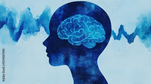 A silhouette of a head with a blue brain illustration, set against a textured background, symbolizing thoughts and mental processes.