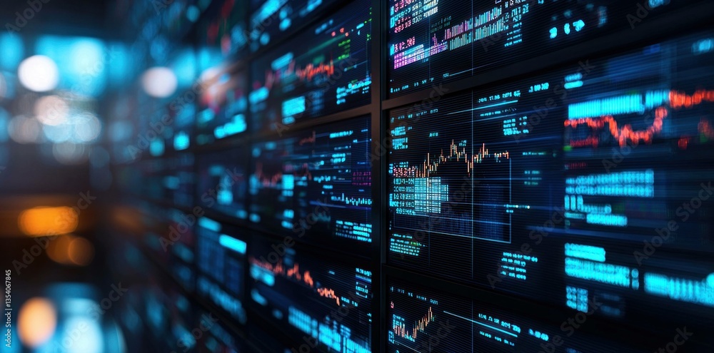 Abstract digital financial trading visualization with colorful charts and data on a dark background, showcasing market trends and analytics Abstract digital financial trading visualization with colorful charts and data on a dark background, showcasing market trends and analytics