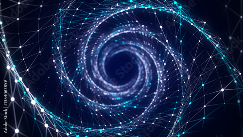 Cyber futuristic speed tunnel. Sci-fi wormhole. Abstract 3D wireframe portal with connections lines and dots. Data flow. Technology grid funnel. 3d rendering.