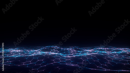Colors hexagon wave with motion dots and lines. Abstract digital background. Concept connection big data. Futuristic technology backdrop. 3D rendering.