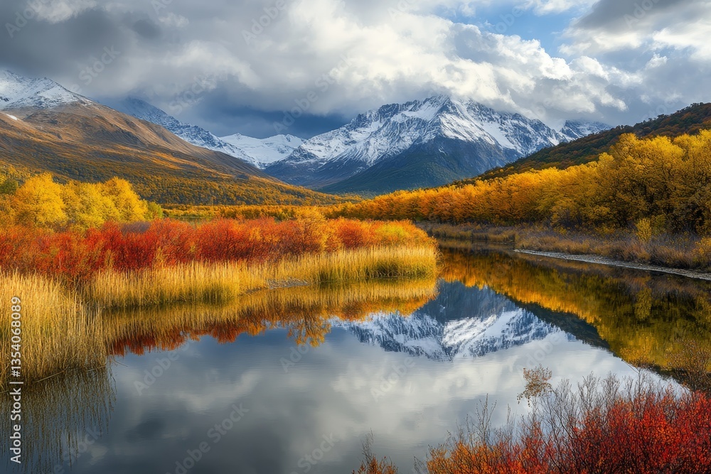 Obraz premium Winding river reflecting autumn colors amidst snow capped mountains under cloudy skies