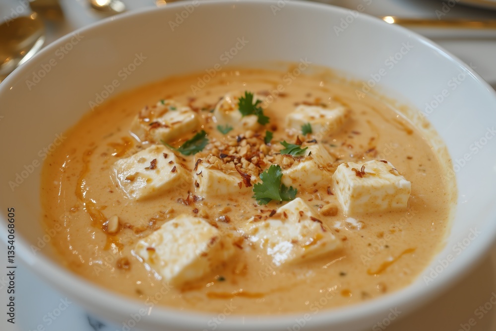 Malai Paneer - Silky Cashew Sauce with Saffron and Nut Garnish, Indian Curry Malai Paneer - Silky Cashew Sauce with Saffron and Nut Garnish, Indian Curry