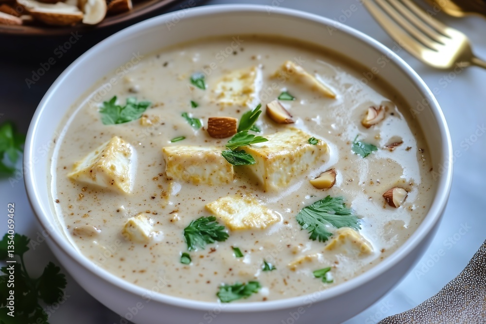 Malai Paneer - Silky Cashew Sauce with Saffron and Nut Garnish, Indian Curry Malai Paneer - Silky Cashew Sauce with Saffron and Nut Garnish, Indian Curry