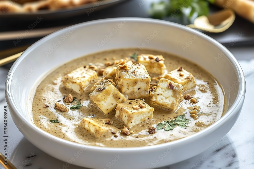 Malai Paneer - Silky Cashew Sauce with Saffron and Nut Garnish, Indian Curry Malai Paneer - Silky Cashew Sauce with Saffron and Nut Garnish, Indian Curry