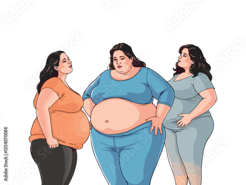 plus size curved women. woman with belly fat. Illustration of many fat women. Isolated on white vector

