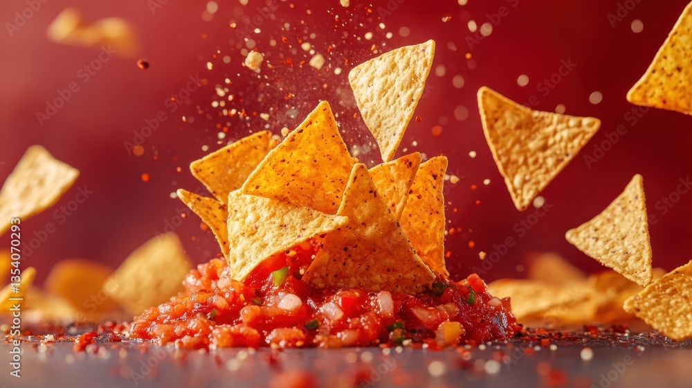 Crispy tortilla chips flying above a vibrant salsa, creating a delicious visual treat. Crispy tortilla chips flying above a vibrant salsa, creating a delicious visual treat.