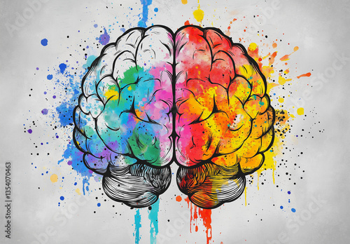 Colorful Brain with Flowing Paint Streams Symbolizing Creativity and Innovation
