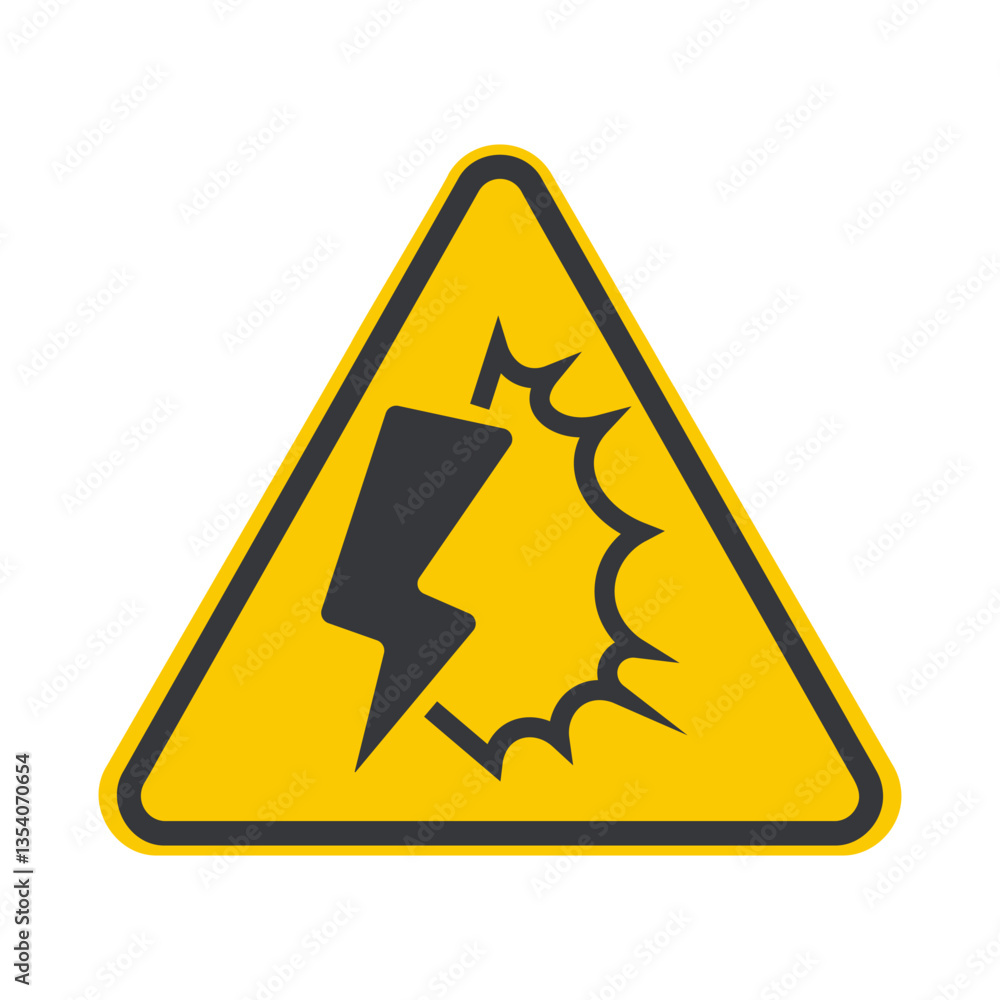 Isolated caution sign warning of electrical explosion hazards, featuring a lightning bolt and explosion symbol for safety awareness Isolated caution sign warning of electrical explosion hazards, featuring a lightning bolt and explosion symbol for safety awareness