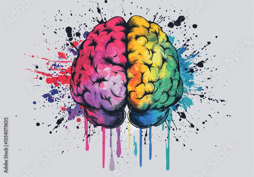 Colorful Brain with Flowing Paint Streams Symbolizing Creativity and Innovation