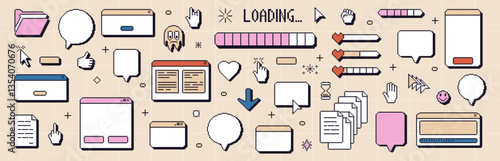 Pixel art windows interface vintage. 8 bit browser and menu elements with cursors and loading bar. Pixel speech bubbles screens 90s style. Ui message frames figures. Vector set isolated illustration.
