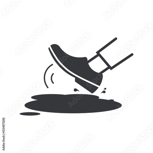 Isolated safety sign shoe-wearing foot slipping due to spilled water on the floor, warning slippery floor, cleaning in progress
