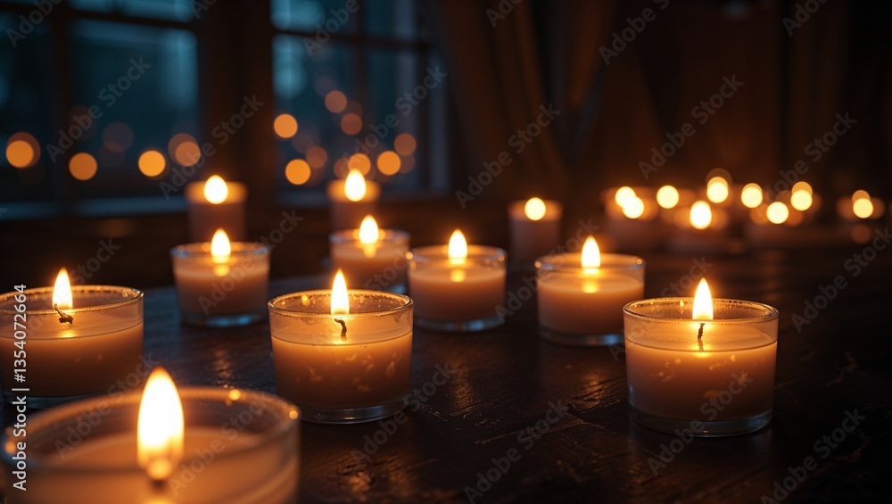 Candles glowing softly on a dark wooden table creating a cozy atmosphere Candles glowing softly on a dark wooden table creating a cozy atmosphere