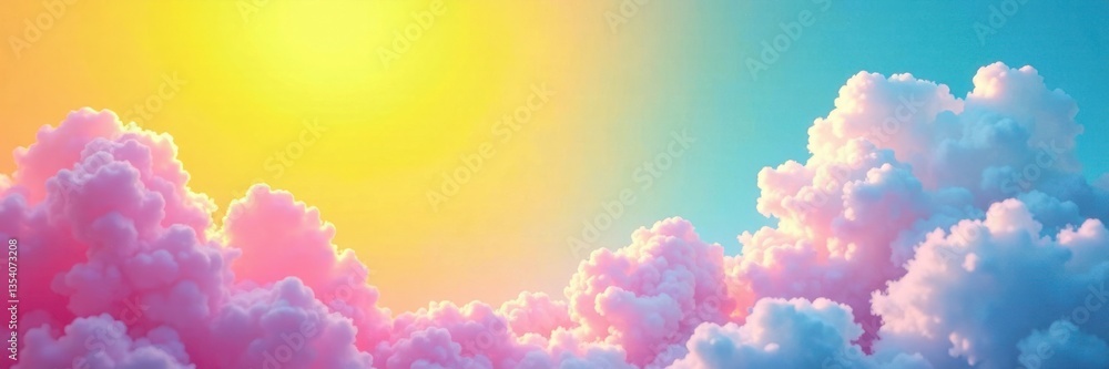 Fuzzy pink and blue clouds in a bright yellow sky with wispy lines, abstract pattern, yellow, fuzzy
