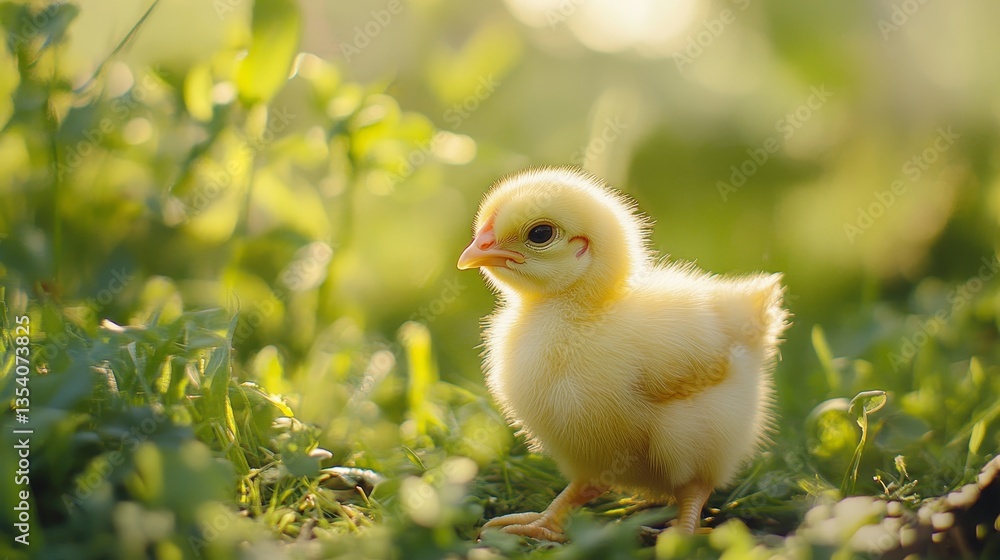 A small yellow chick foraging in the lush green grass of a quaint village setting A small yellow chick foraging in the lush green grass of a quaint village setting