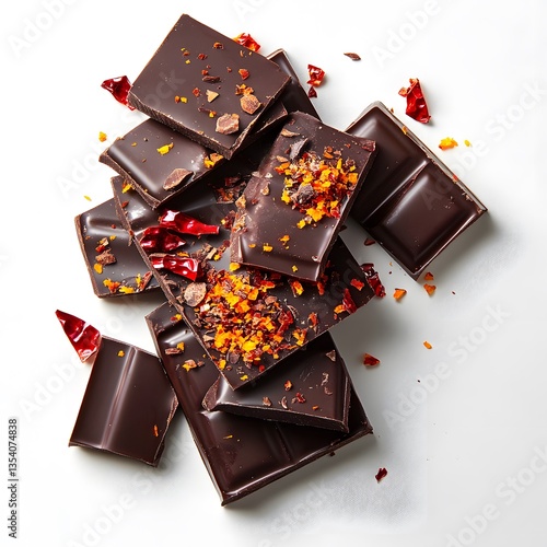 Spiced Dark Chocolate with Chili and Orange Zest – A bar of dark chocolate infused with red chili flakes and orange zest, broken into elegant pieces.