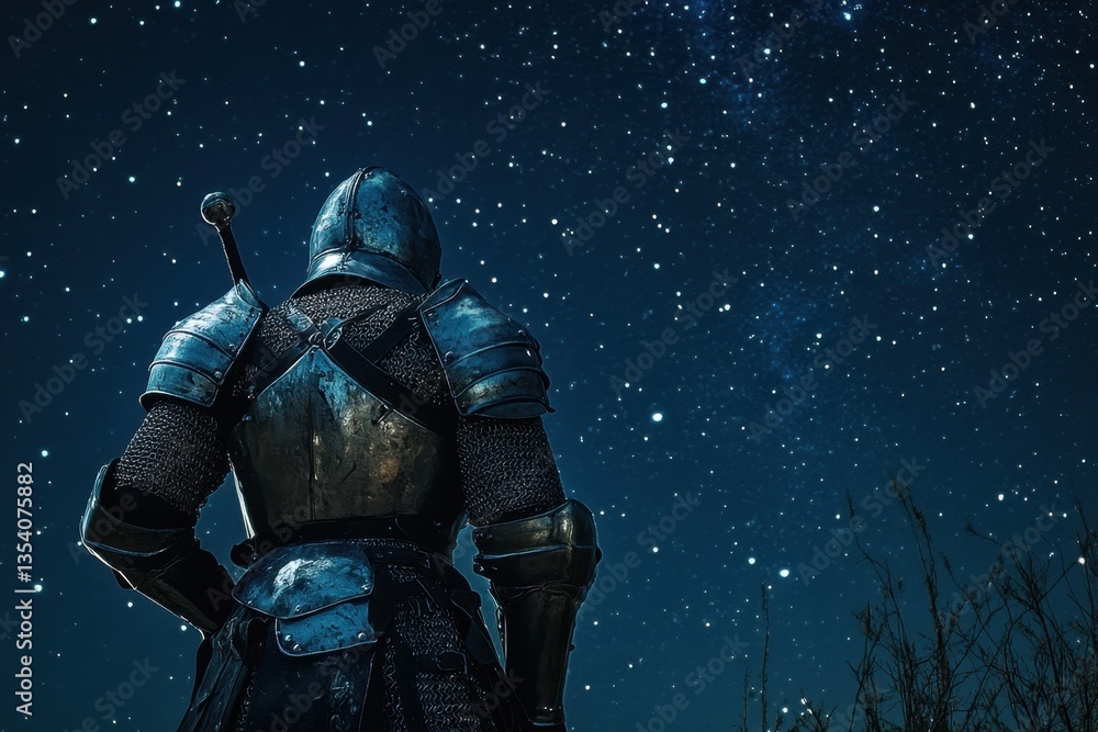 Fototapeta premium Knight gazing at a starry sky in a tranquil night setting