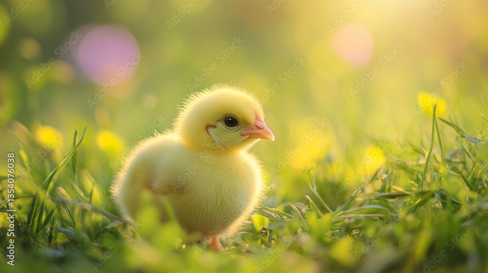 A small yellow chick exploring the vibrant, lush grass in a peaceful village landscape A small yellow chick exploring the vibrant, lush grass in a peaceful village landscape