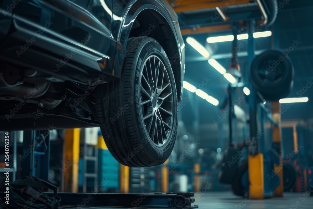 A mechanic is checking the alignment of a vehicle on a lift A mechanic is checking the alignment of a vehicle on a lift