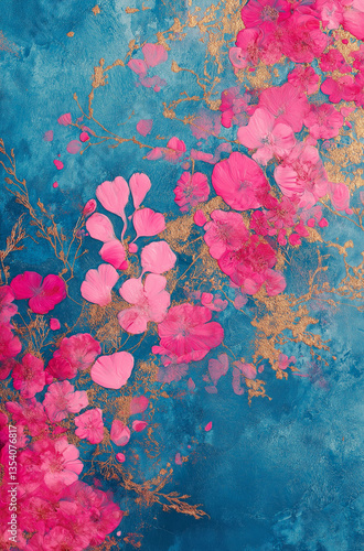 Alcohol Ink Background with Pink, Purple, and Blue Tones Accented by Thin Gold-Leaf Lines