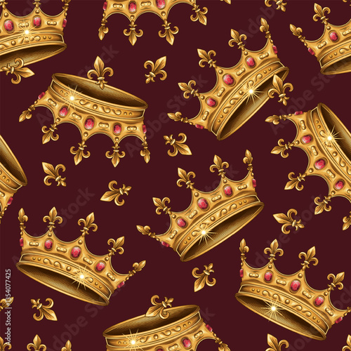 Vintage seamless pattern with medieval golden crown, fleur de lis sign. Chaotic scattered objects on dark red background. Luxury kitsch style.