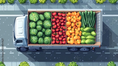Aerial view of a truck filled with various fresh vegetables driving on city street.
