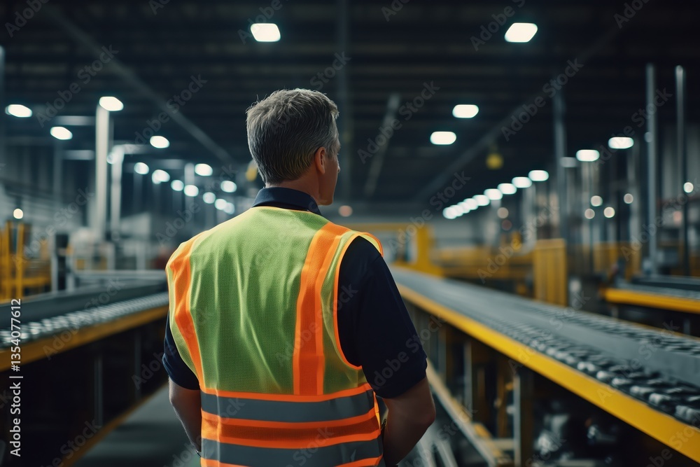 Production manager oversees assembly line operations in a large manufacturing facility for quality assurance