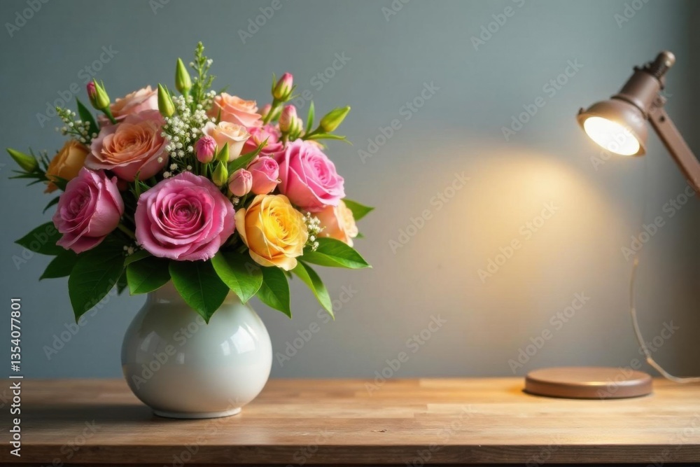 Spring Floral Bouquet on Wooden Table with Lamp Bulb , spring bouquet, colorful, seasonal Spring Floral Bouquet on Wooden Table with Lamp Bulb , spring bouquet, colorful, seasonal