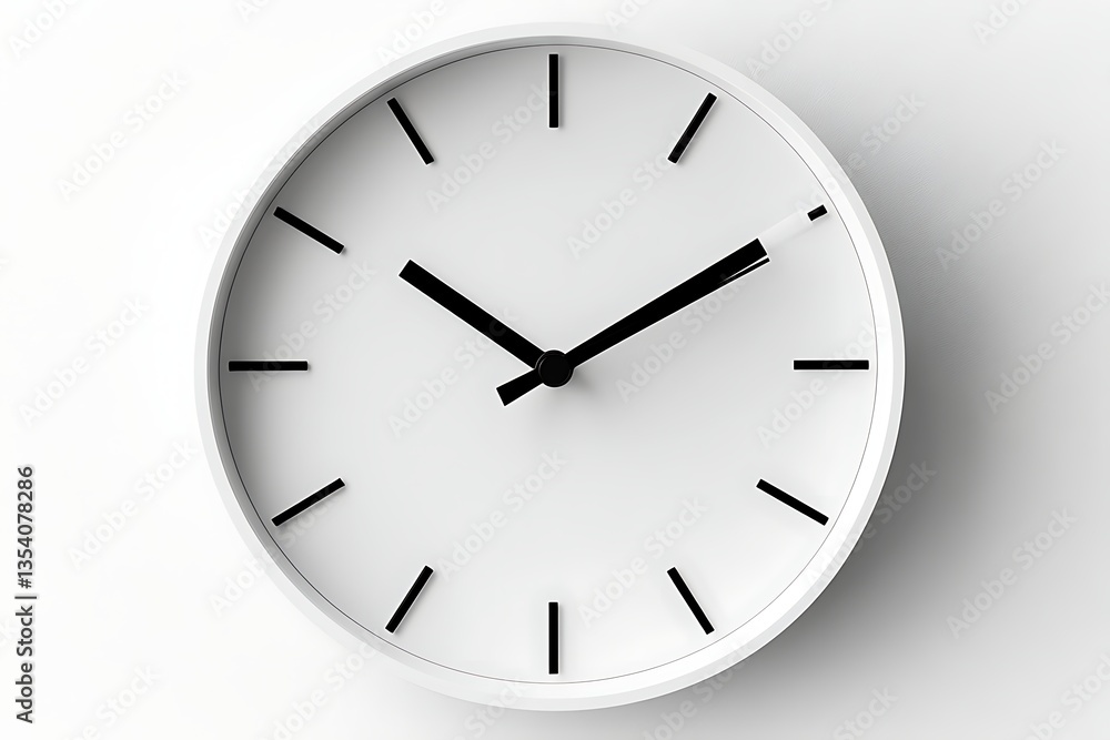 Minimalist white clock on a white wall, showing ten past ten, for time concepts Minimalist white clock on a white wall, showing ten past ten, for time concepts