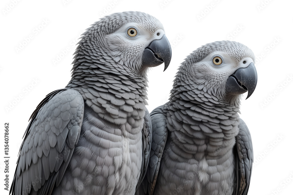 Obraz premium Two Grey Parrots in Close-Up Portrait with Detailed Feathers