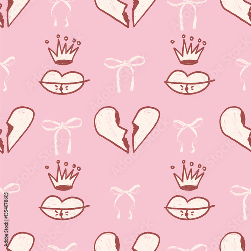Coquette crayon seamless pattern. Girly sketch grunge endless background. Bow and broken heart, lips with crown repeat cover. Doodle falling love continuous ornament. Vector print.