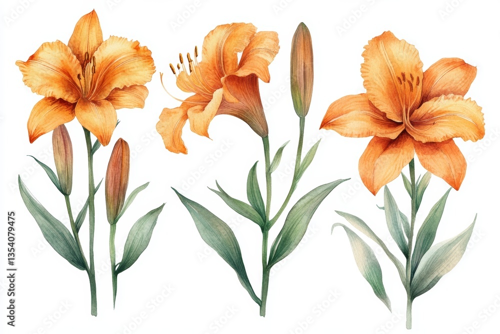 Fototapeta premium Beautiful Watercolor Illustration of an Orange Daylily Isolated on a White Background