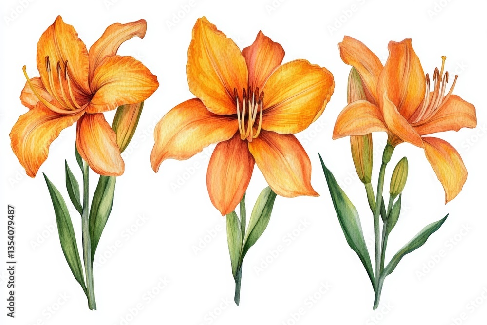 Fototapeta premium Beautiful Watercolor Orange Daylily Illustration Clipart Isolated on White Background